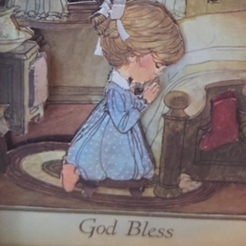 Vintage Wooden/Glass Front Shadow Box w/Girl Praying at Bedside